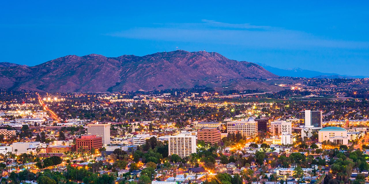 Twilight view of the city of Riverside, from Mount Rubidoux Park, in Riverside, California