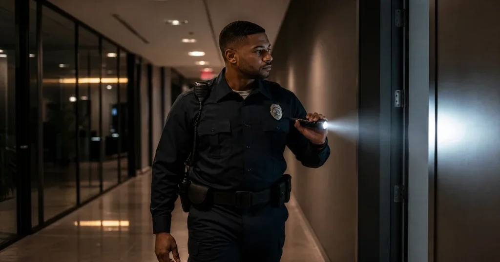 Security guard performing structured patrol procedures at commercial property