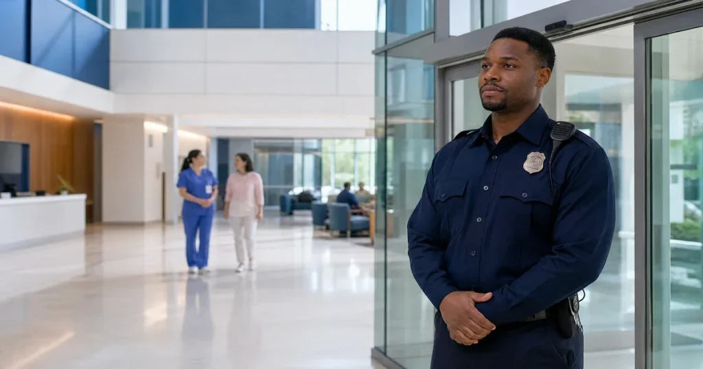 Hospital security guard patrolling a healthcare facility corridor