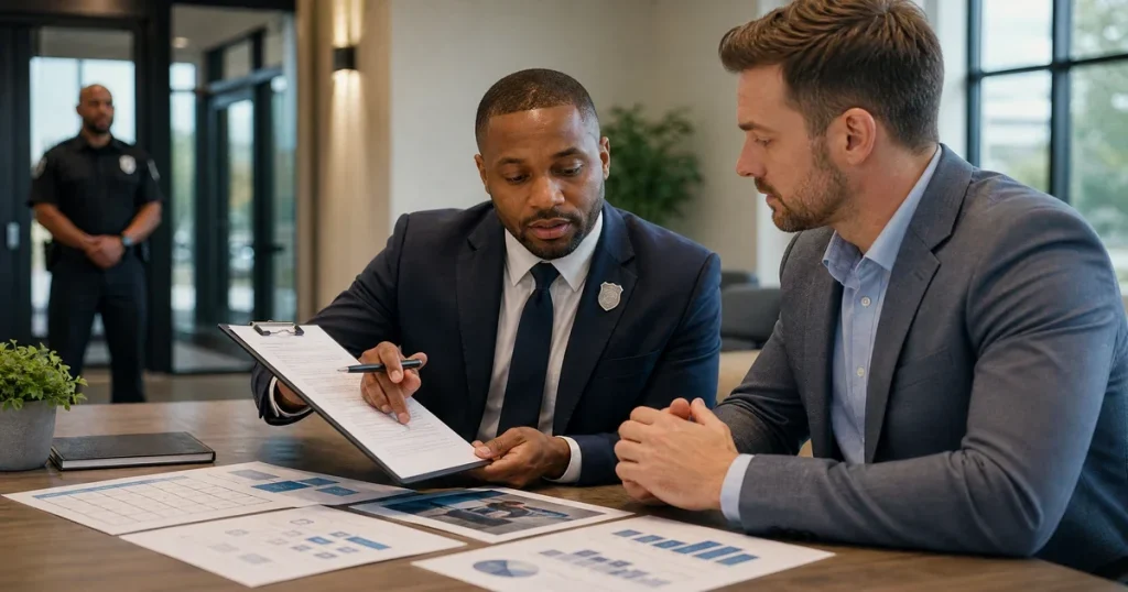Security services contract document being reviewed by a business owner
