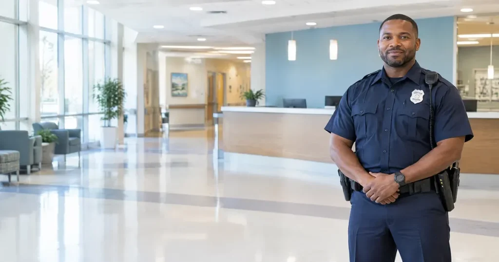 Hospital security officer with badge and uniform patrolling a hospital corridor