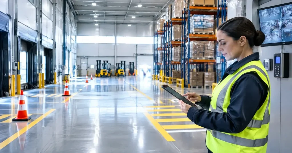Security guard inspecting aisles and inventory inside a large warehouse facility